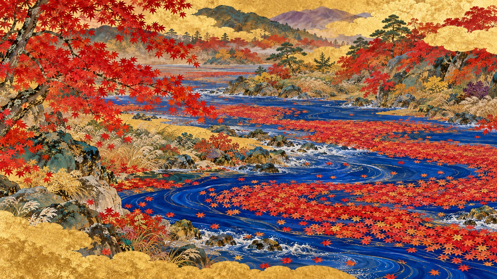 金箔の雲と山々を背景に、群青の川面を朱色の紅葉が帯状に彩る絵巻調の創作画。流れる水と葉の模様を精緻に描き、水を紅く染めるという歌の見立てを表す。