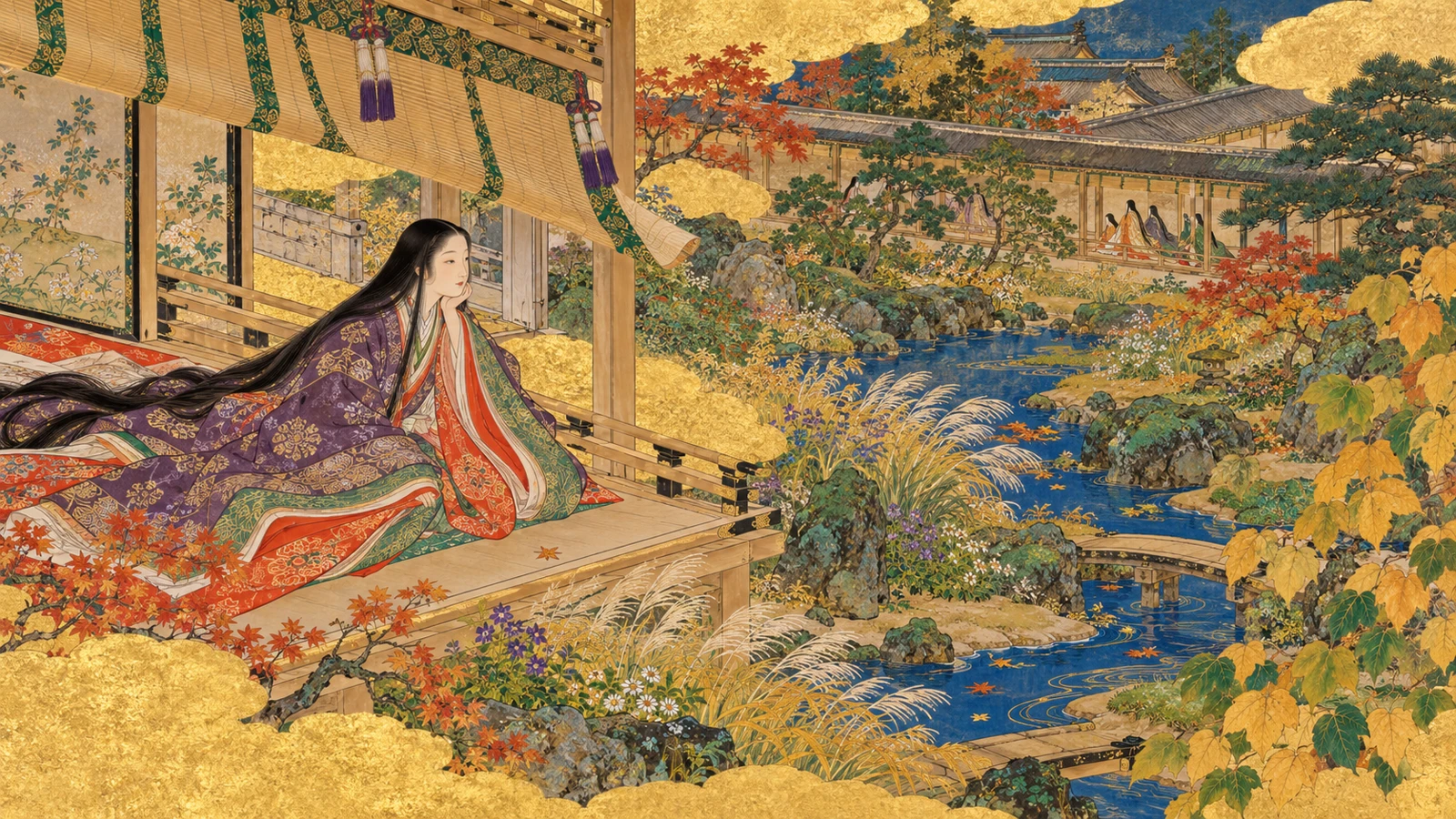 金箔地の土御門殿を想像した絵巻調の創作画。紫や朱の重ね衣を着た女房が庭を眺め、池と遣水、色づく草木、風になびく御簾を精緻に描く。人物の容貌や庭の配置を史実として再現したものではない。