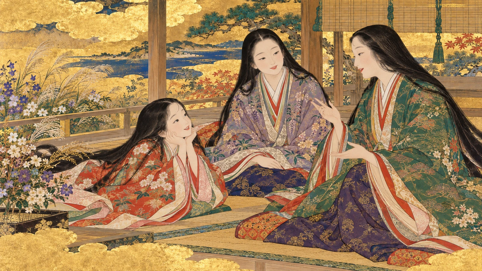 金箔地の平安時代の住まいで、朱色の衣の少女が姉と継母の話に耳を傾ける絵巻調の創作画。三人の温かな表情、紫や緑の衣の細かな文様、庭の草花を描き、物語をもっと見たいという少女の気持ちを表す。