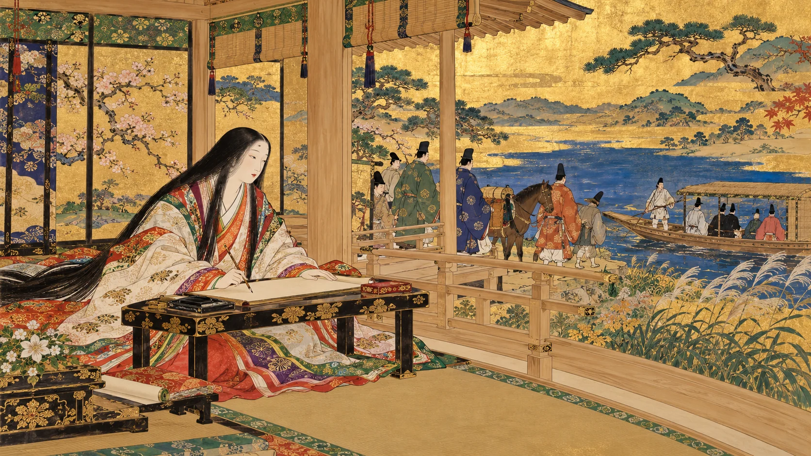 金地の平安の館で女の語り手が筆を執り、向こうの水辺では旅立つ人々と船が見える絵巻調の創作画