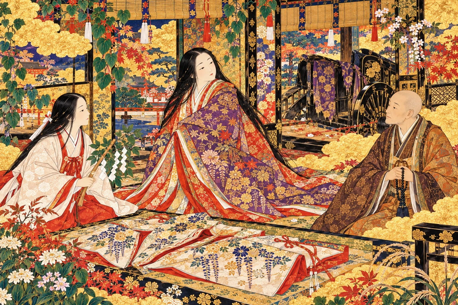 葵上を表す衣を前にした六条御息所の生霊と照日の神子、横川の小聖。謡曲をもとにした金地の創作画