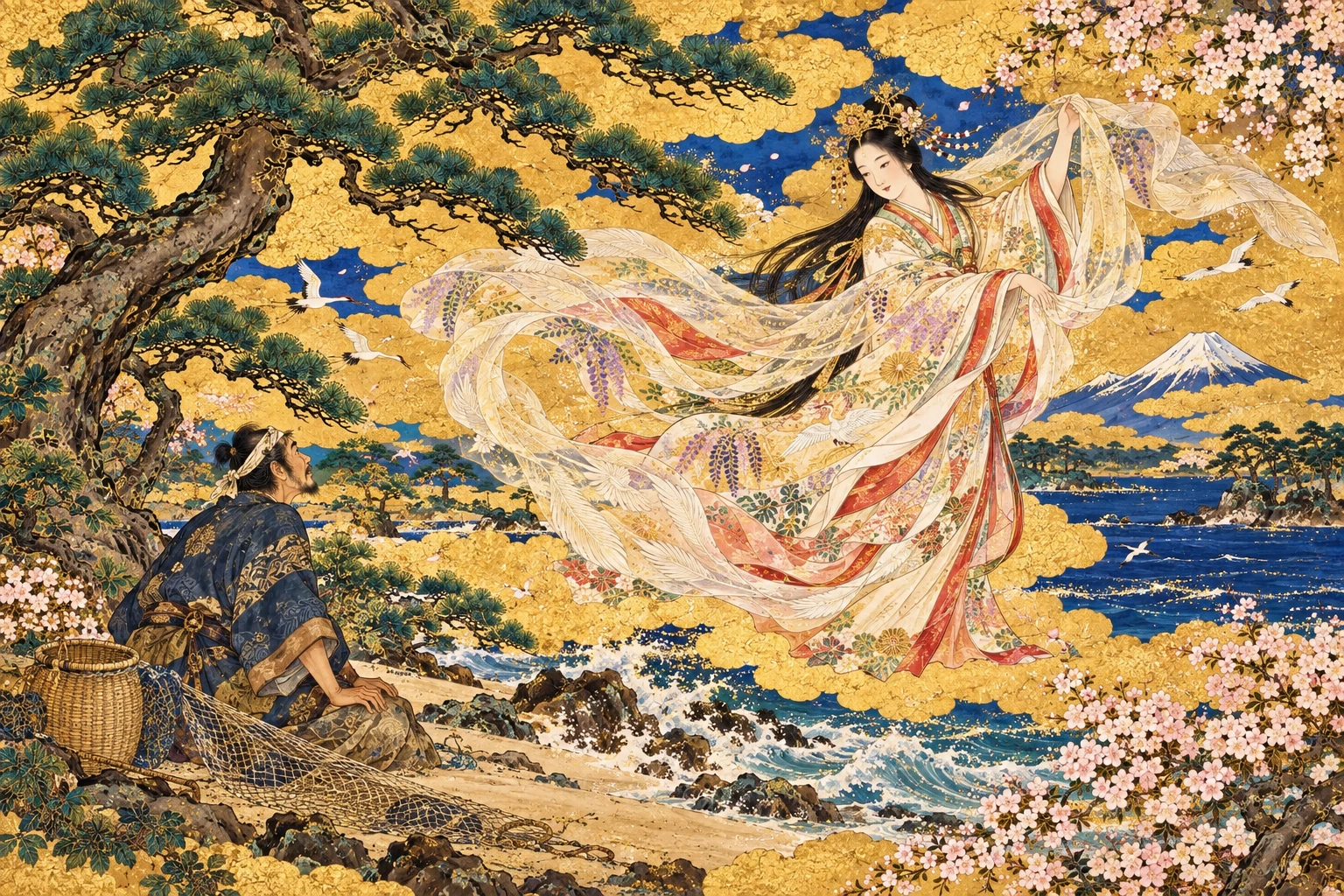三保の松と富士、羽衣をまとって舞う天人と白龍。羽衣をもとにした創作画