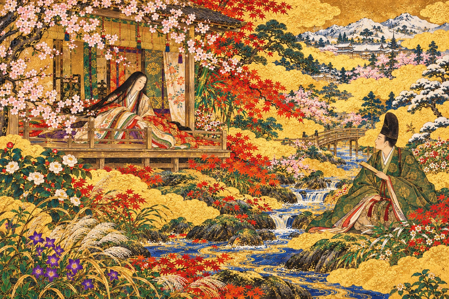 四季の草花と山川をはさんで向かい合う歌人たち。百人一首の世界を表す創作画