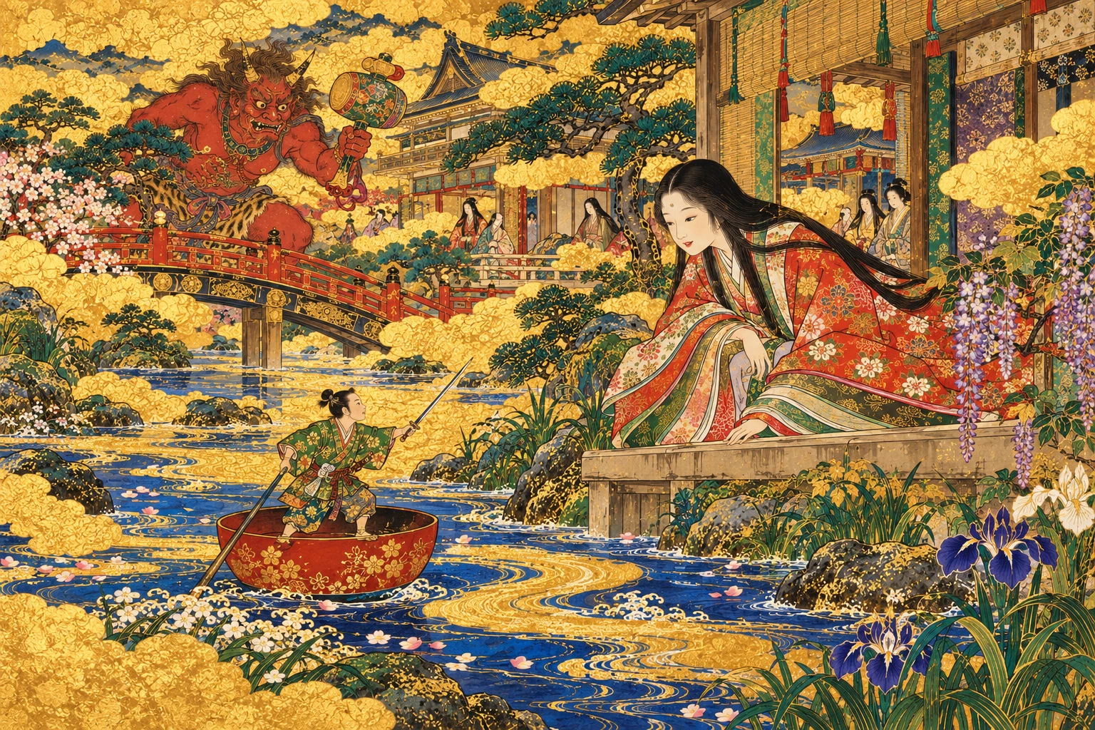 小舟の一寸法師を見つめる姫と、背後の鬼。一寸法師をもとにした創作画