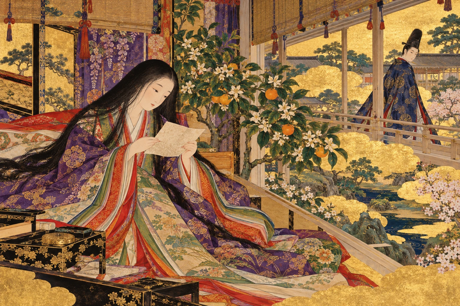 金地に和泉式部日記の世界を描く、本文をもとにした絵巻調の創作画