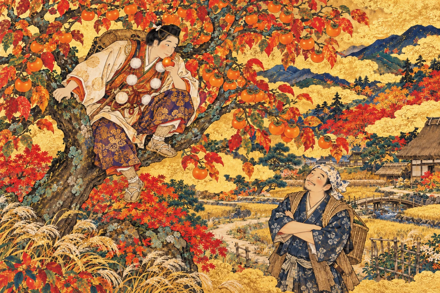 柿の木の山伏と、それを見つけた柿主。柿山伏の物語をもとにした創作画