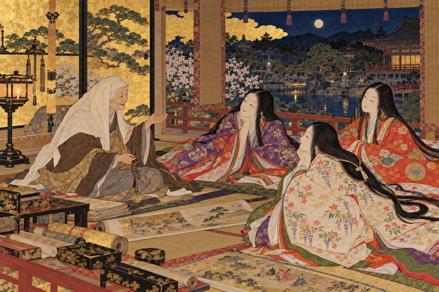金地に無名草子の世界を描く、本文をもとにした絵巻調の創作画