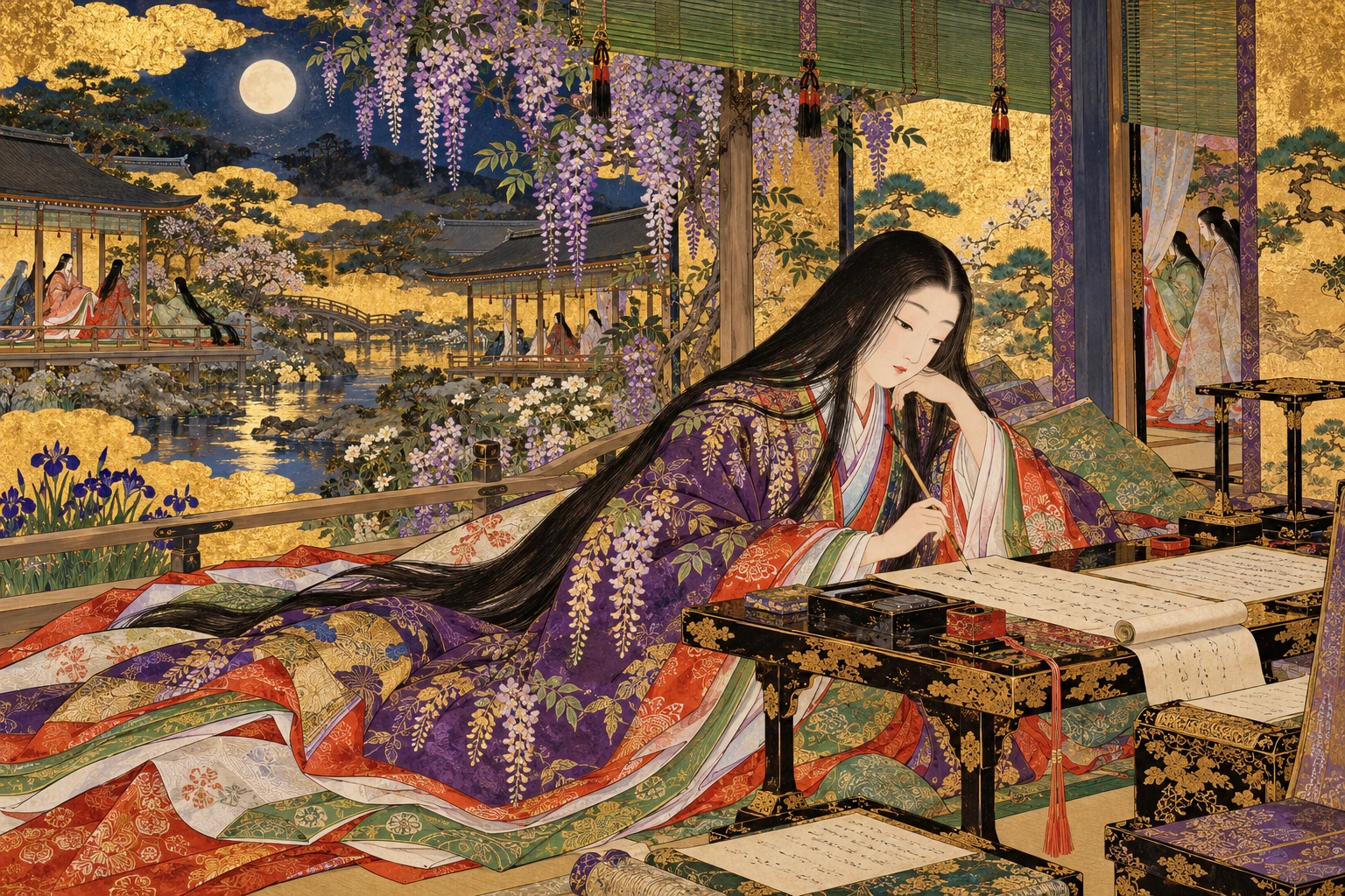 金地に紫式部集の世界を描く、本文をもとにした絵巻調の創作画