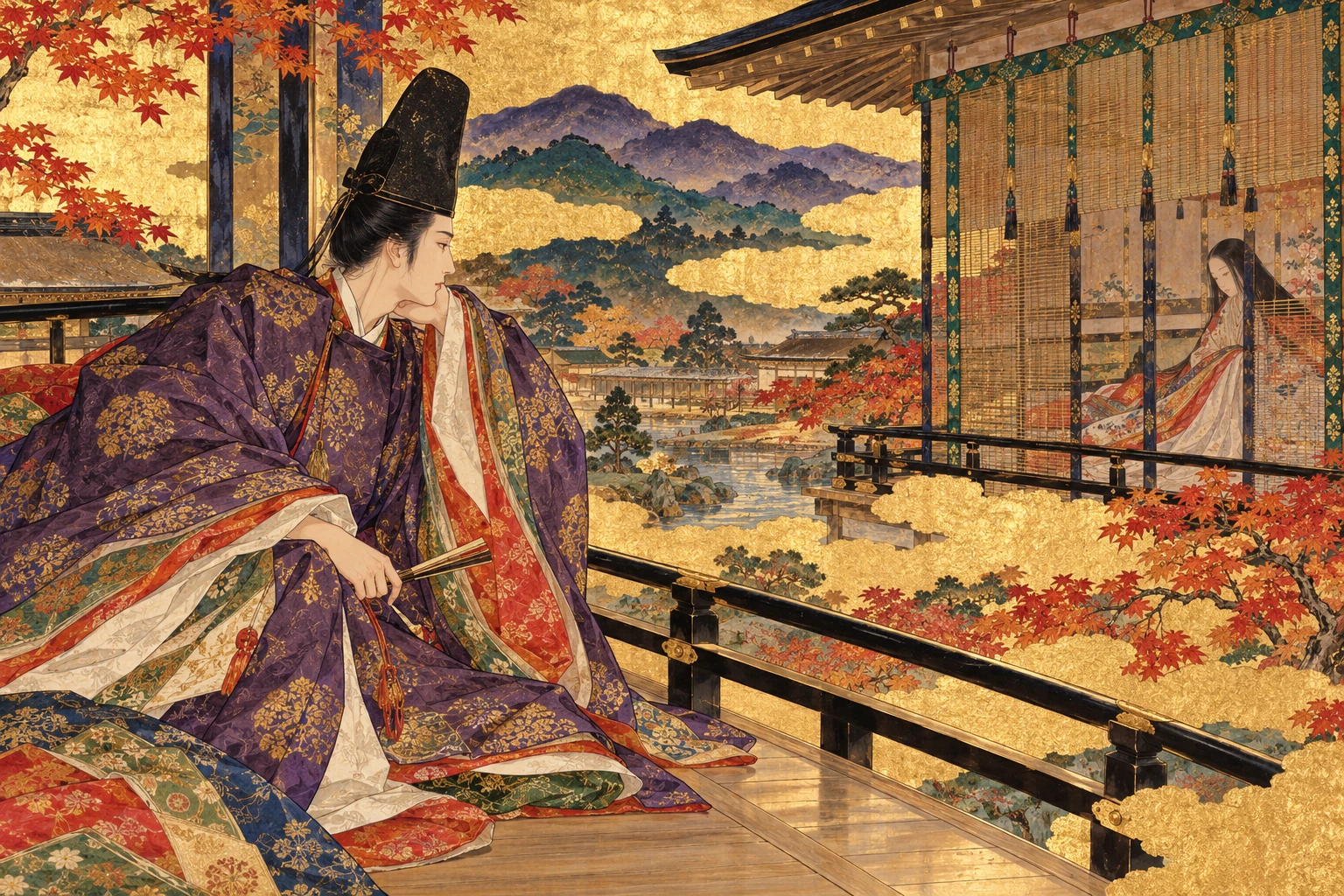 金地に狭衣物語の世界を描く、本文をもとにした絵巻調の創作画