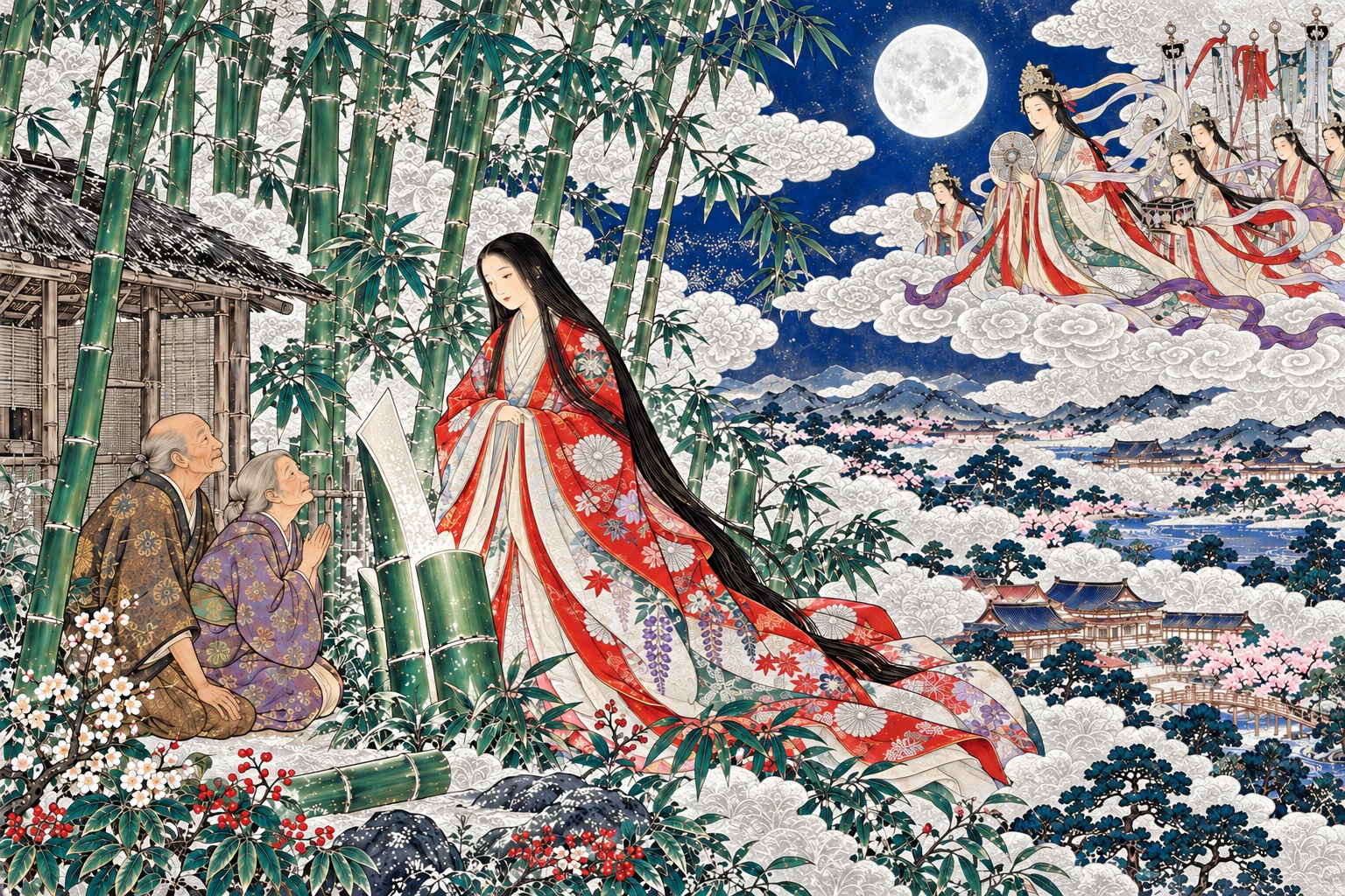銀箔の雲と月、かぐや姫を見守る翁と嫗、竹林と月からの迎え。竹取物語をもとにした創作画
