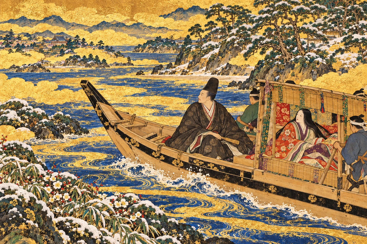 船旅をする前国守と一行、冬の岸辺と金色の雲。土佐日記をもとにした創作画
