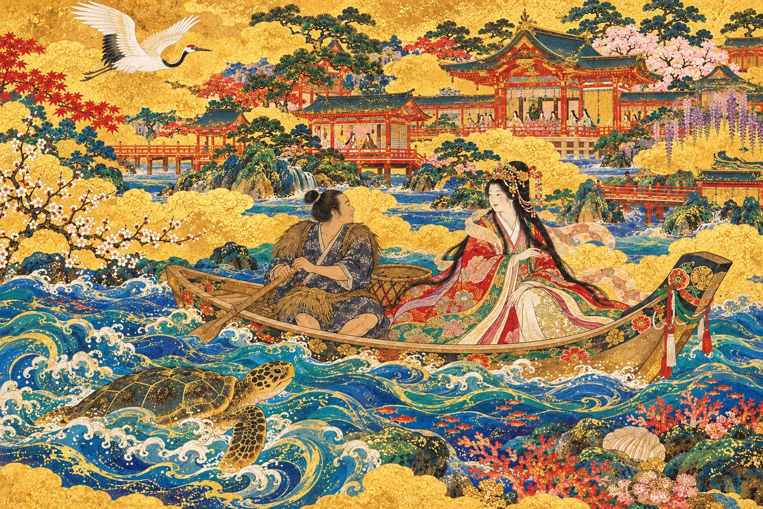 舟に乗る浦島太郎と女房、亀と龍宮城。浦島太郎をもとにした創作画