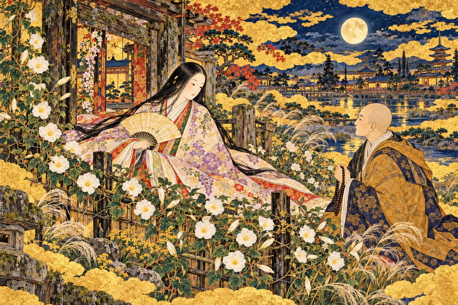 五条の月夜、夕顔の霊と旅僧が向き合う。謡曲をもとにした金地の創作画