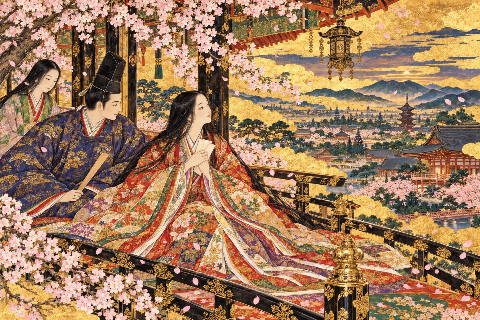 春の都で母の文を胸にする熊野と宗盛。熊野をもとにした創作画